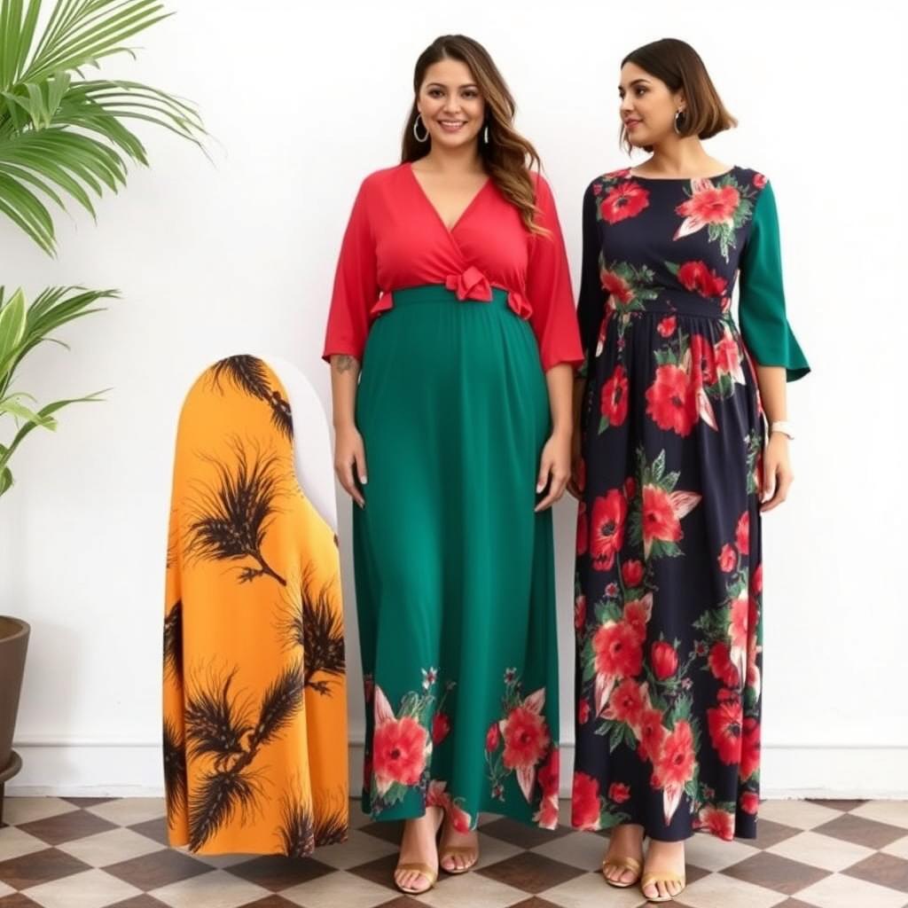 Elegant dresses designed for short plus-size women with a tummy, featuring exotic colors