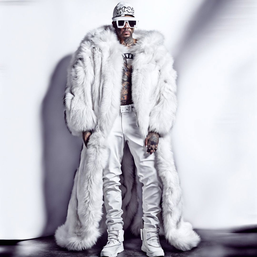 White Soundcloud rapper in opium fashion with exaggerated proportions, face tattoos, and furry boots, captured through a 200mm lens.