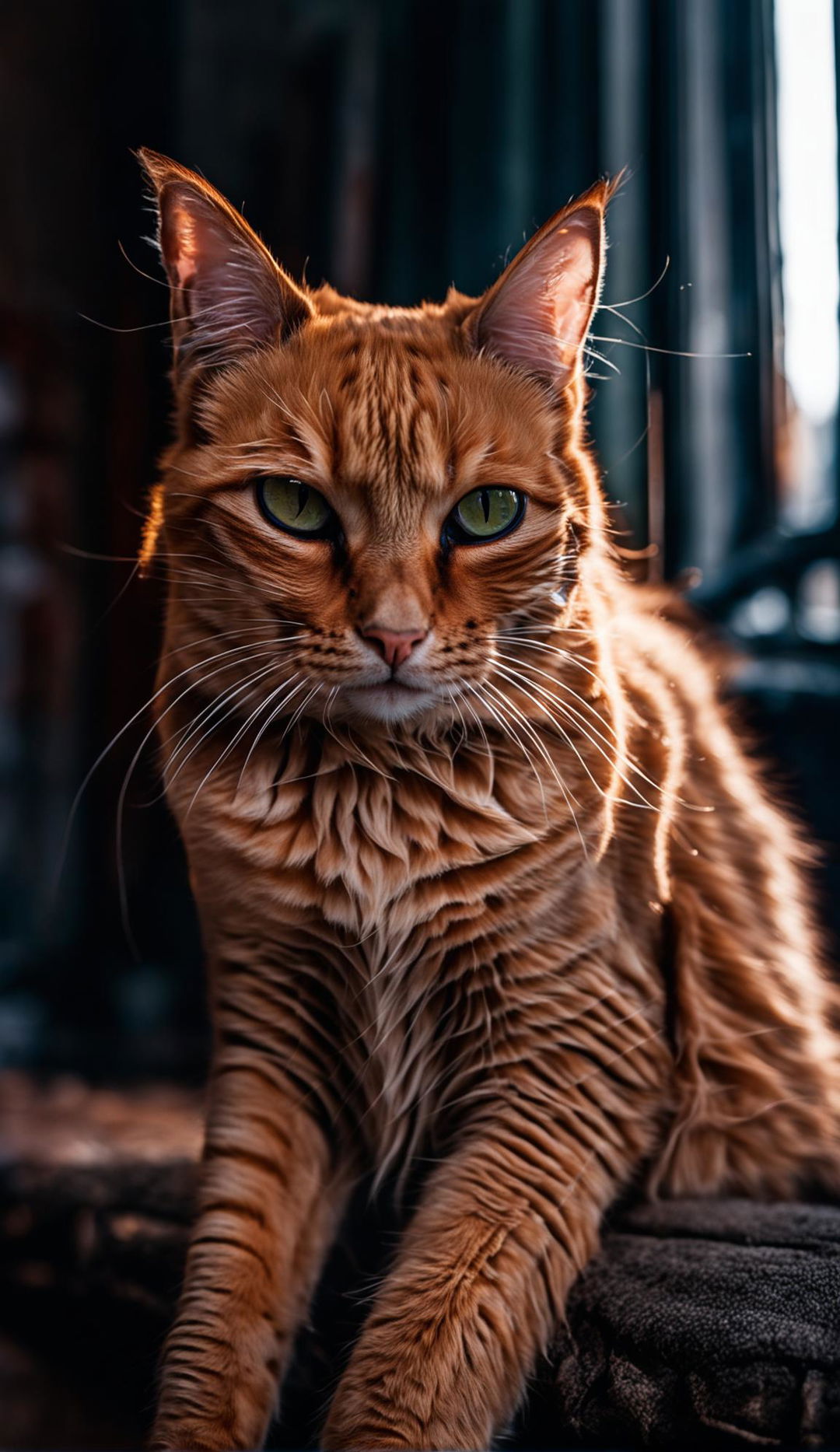 A vibrant ginger cat sits upright, its tail curled around its paws, gazing directly into the camera from a low angle medium shot. Captured with a Sony α7 III camera and Sony FE 24-105mm f/4 G OSS Lens.