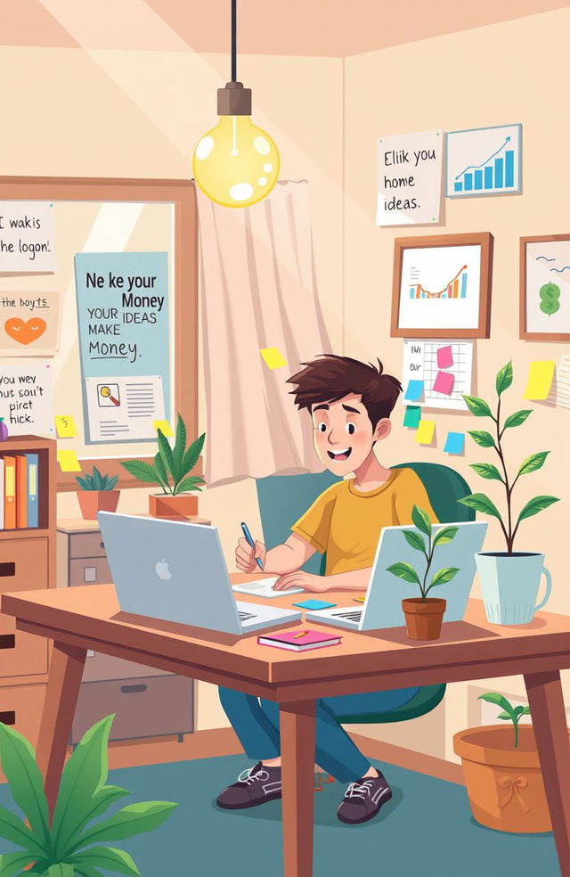 Illustration of a creative brainstorming scene in a cozy home office