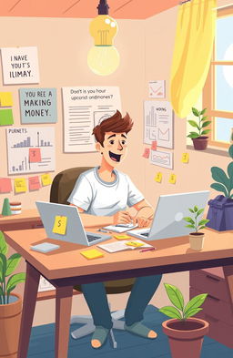 Illustration of a creative brainstorming scene in a cozy home office