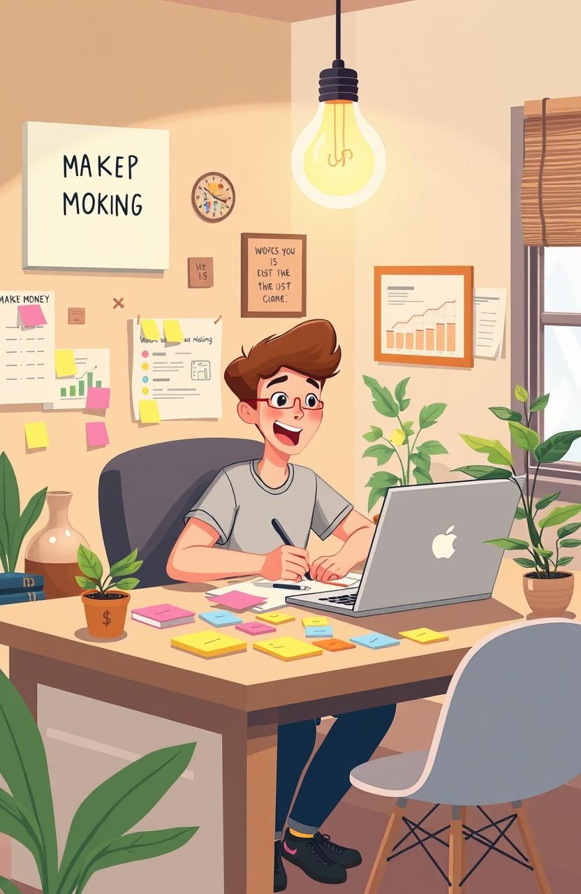 Illustration of a creative brainstorming scene in a cozy home office