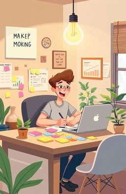Illustration of a creative brainstorming scene in a cozy home office
