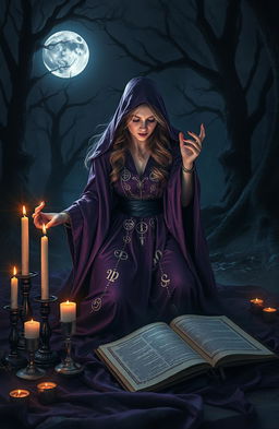 A mysterious and dark atmosphere filled with symbols of black magic, featuring an enchanting sorceress casting a spell