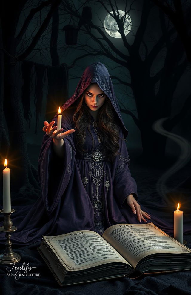 A mysterious and dark atmosphere filled with symbols of black magic, featuring an enchanting sorceress casting a spell