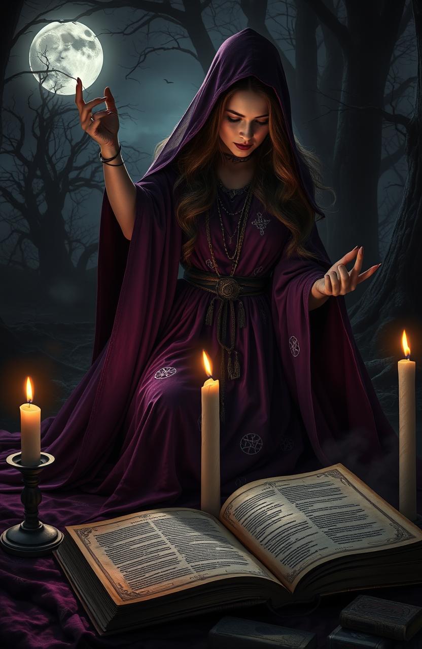 A mysterious and dark atmosphere filled with symbols of black magic, featuring an enchanting sorceress casting a spell