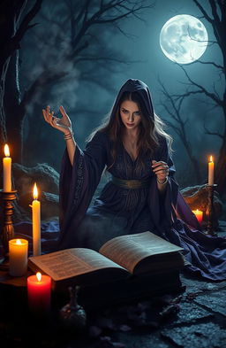 A mysterious and dark atmosphere filled with symbols of black magic, featuring an enchanting sorceress casting a spell
