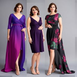 Elegant dresses designed specifically for short plus-size women with a tummy, featuring exotic colors