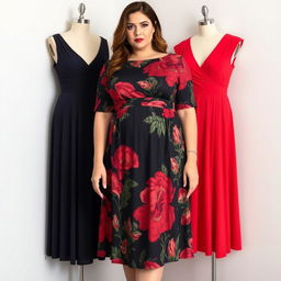 Elegant dresses designed specifically for short plus-size women with a tummy, featuring exotic colors