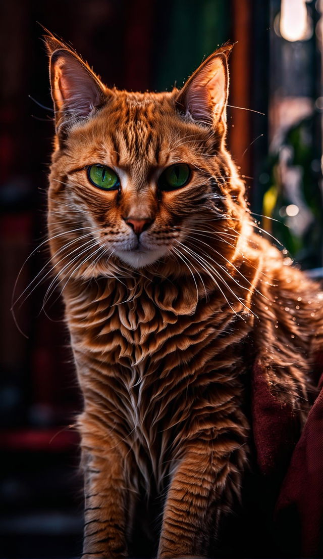 A detailed medium shot of a vibrant ginger cat under an overhead light, captured from a low angle with a Sony α7 III camera and Sony FE 24-105mm f/4 G OSS Lens.