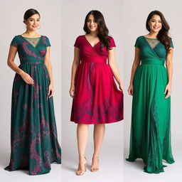 Elegant dresses designed specifically for short plus-size women with a tummy, featuring exotic colors