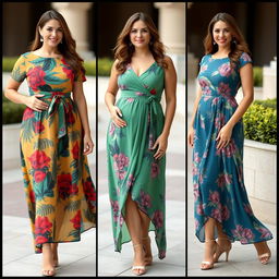 Elegant dresses designed specifically for short plus-size women with a tummy, featuring exotic colors