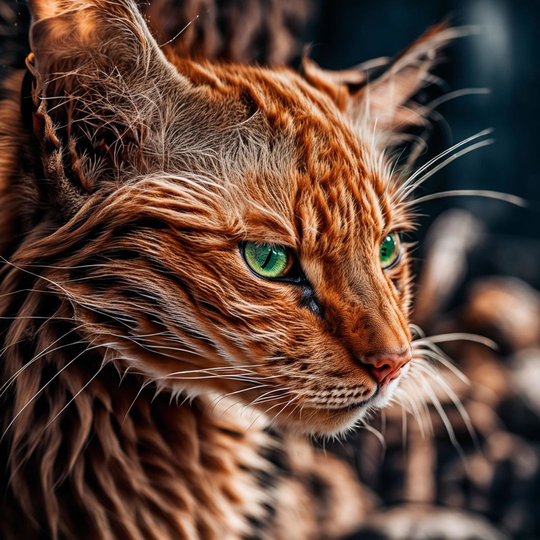 Close-up photograph of a fluffy ginger wild cat with vibrant green eyes, taken with a Canon EOS R5 and RF 100mm f/2.8L Macro IS USM Lens.