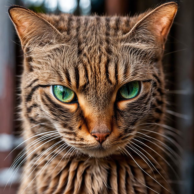 Front view close-up photograph of a ginger tabby cat in natural light, taken with a Canon EOS R5 and RF 100mm f/2.8L Macro IS USM Lens.