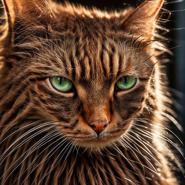 Symmetrical front view close-up portrait of a long-haired ginger cat with vibrant green eyes, shot with a Canon EOS R5 and RF 100mm f/2.8L Macro IS USM Lens.