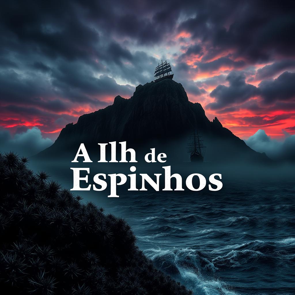 A striking and evocative book cover for 'A Ilha de Espinhos'