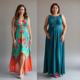 Elegant dresses for short plus-size women with a tummy, showcasing exotic colors that pop