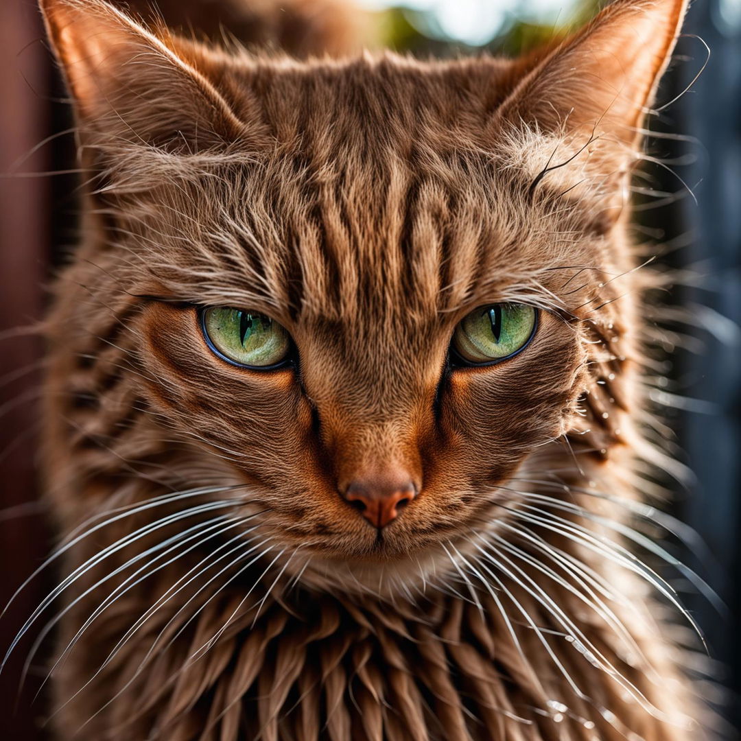 Symmetrical front view close-up portrait of a furry ginger cat with vibrant green eyes, shot with a Canon EOS R5 and RF 100mm f/2.8L Macro IS USM Lens.