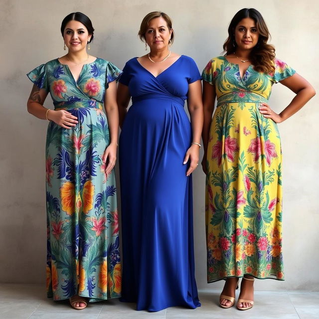 Elegant dresses for short plus-size women with a tummy, showcasing exotic colors that pop