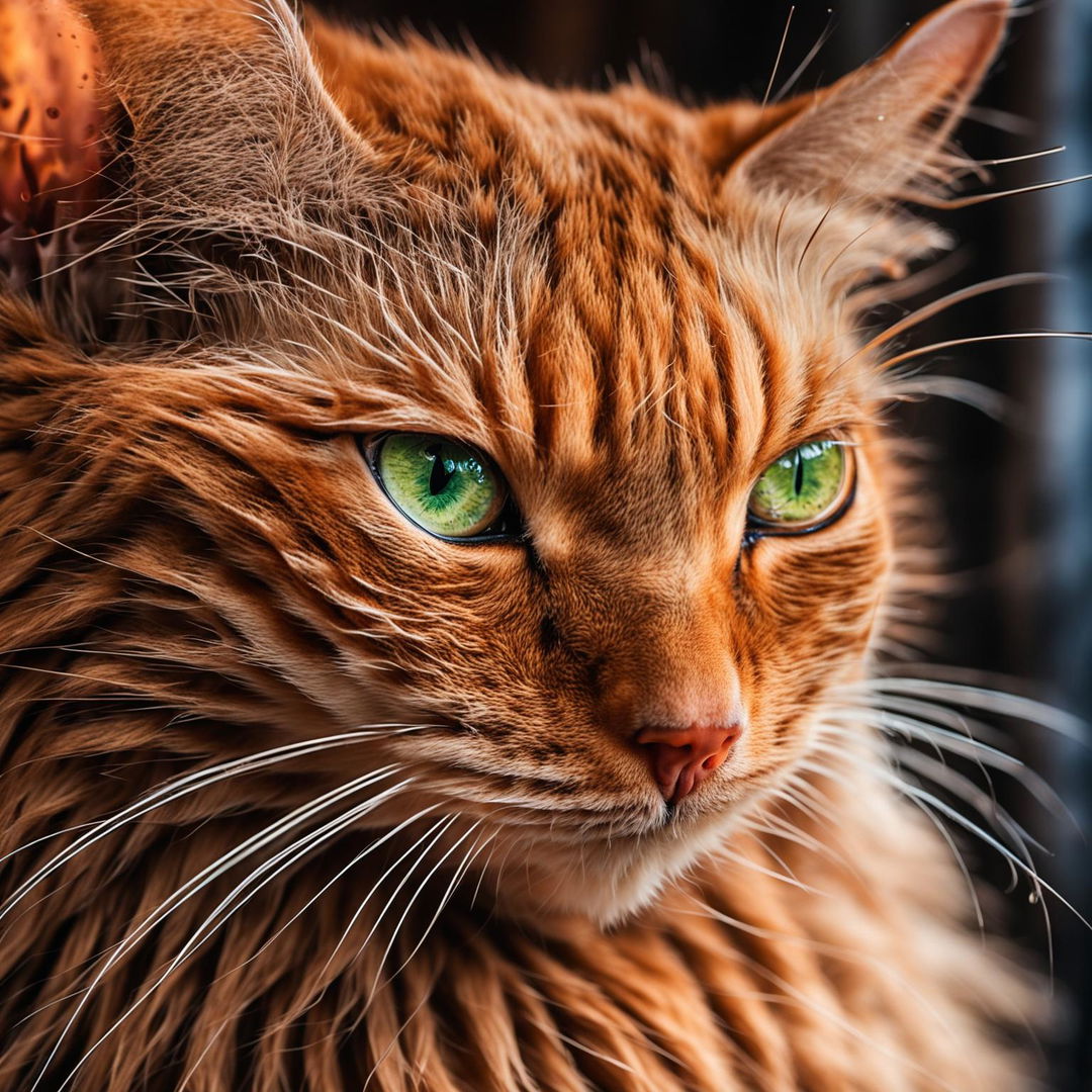 Close-up photograph of a ginger cat taken with a 100mm lens, focusing on its vibrant fur, green eyes, pink nose, and white whiskers.