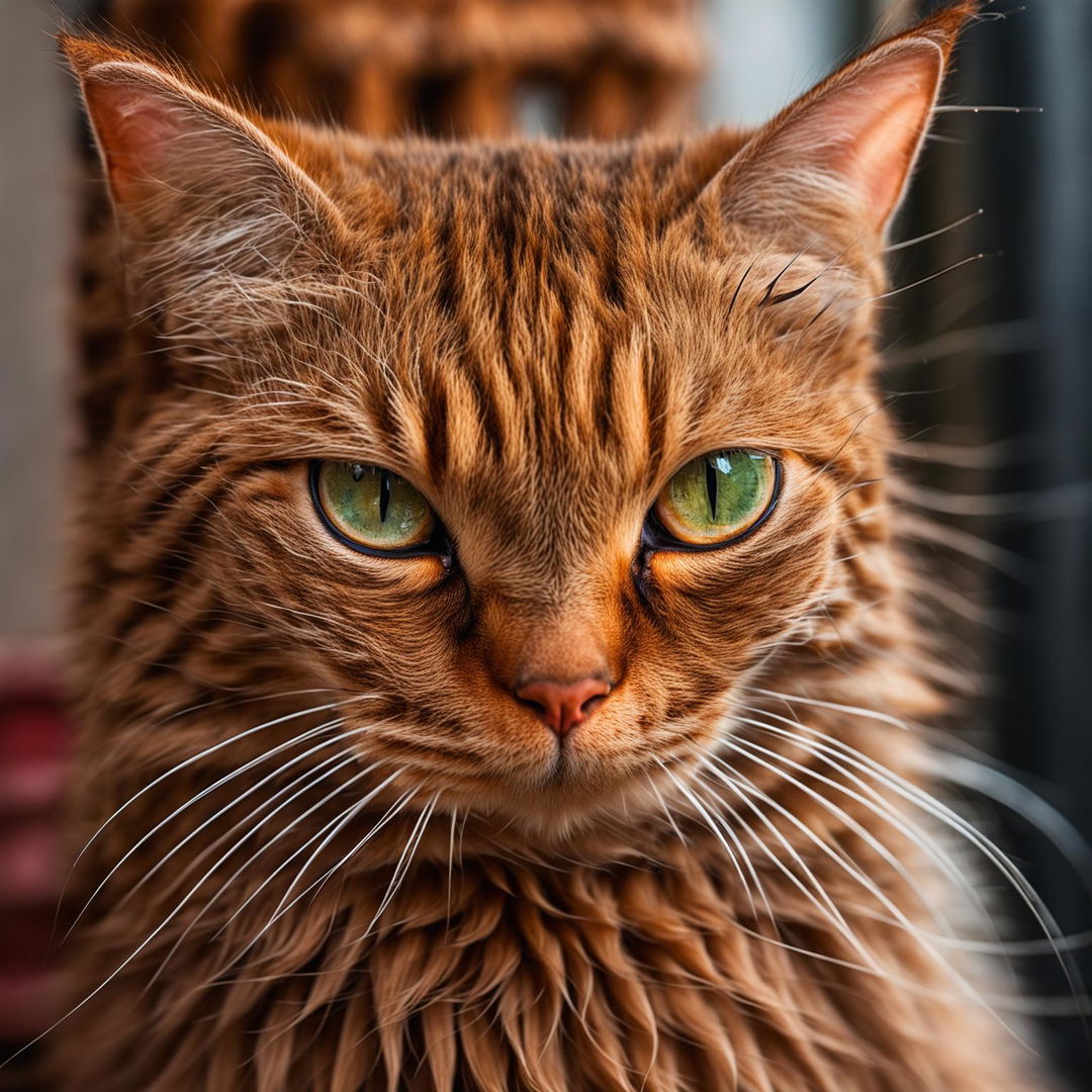 Frontal headshot of a ginger cat taken with a 90mm lens, highlighting its expressive green eyes, pink nose, and white whiskers.