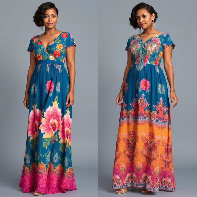 Elegant dresses tailored for short plus-size women with a tummy, featuring exotic colors and patterns