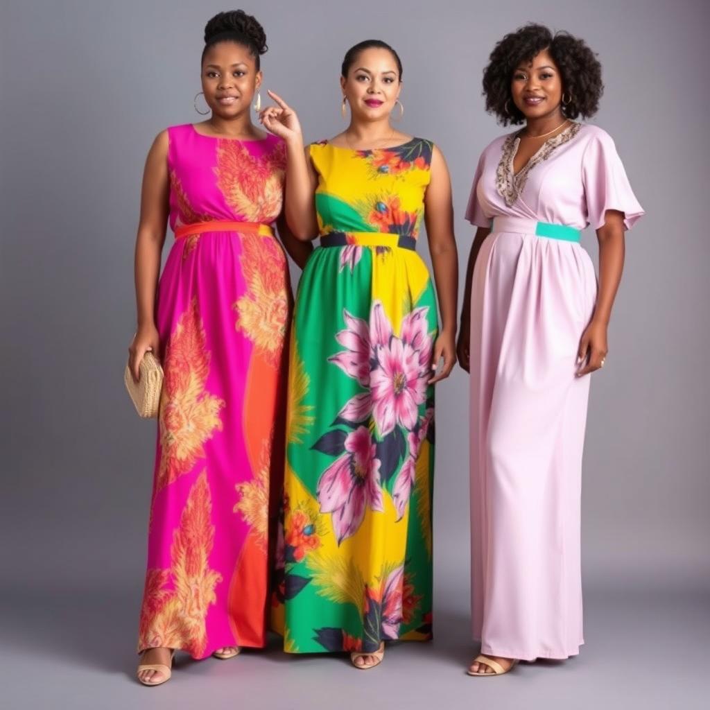 Elegant dresses tailored for short plus-size women with a tummy, featuring exotic colors and patterns