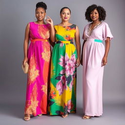 Elegant dresses tailored for short plus-size women with a tummy, featuring exotic colors and patterns