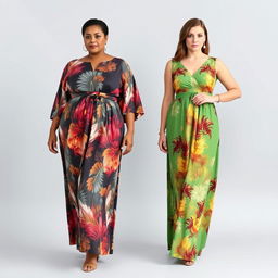 Elegant dresses tailored for short plus-size women with a tummy, featuring exotic colors and patterns