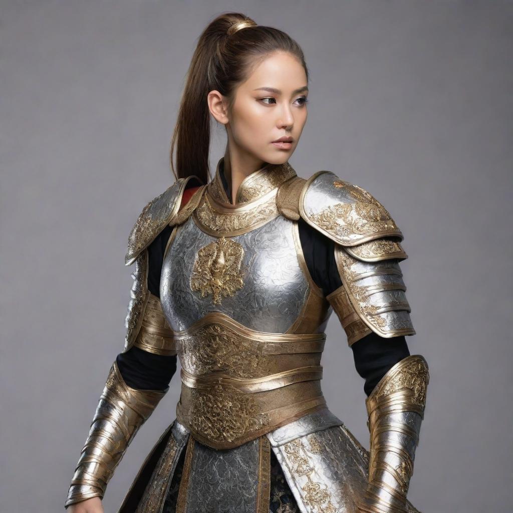 Create an image of a mighty warrior with long hair tied in a ponytail, in oriental style. They are clad in gold and silver armor and wielding a sword.