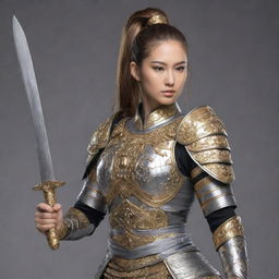 Create an image of a mighty warrior with long hair tied in a ponytail, in oriental style. They are clad in gold and silver armor and wielding a sword.