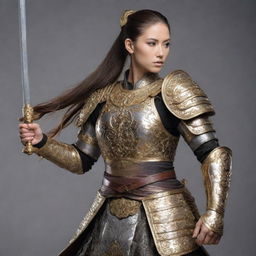 Create an image of a mighty warrior with long hair tied in a ponytail, in oriental style. They are clad in gold and silver armor and wielding a sword.