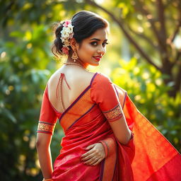 A beautiful Indian woman elegantly dressed in a traditional saree, showcasing intricate patterns and vibrant colors