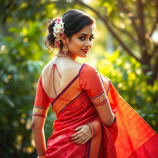 A beautiful Indian woman elegantly dressed in a traditional saree, showcasing intricate patterns and vibrant colors