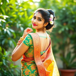 A beautiful Indian woman elegantly dressed in a traditional saree, showcasing intricate patterns and vibrant colors