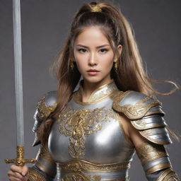 Create an image of a mighty warrior with long hair tied in a ponytail, in oriental style. They are clad in gold and silver armor and wielding a sword.