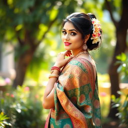 A beautiful Indian woman elegantly dressed in a traditional saree, showcasing intricate patterns and vibrant colors