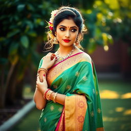 A beautiful Indian woman elegantly dressed in a traditional saree, showcasing intricate patterns and vibrant colors