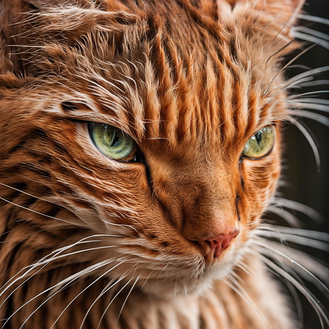 Extreme close-up frontal headshot of a ginger cat taken with a 65mm lens, emphasizing its vibrant green eyes, pink nose, and white whiskers.