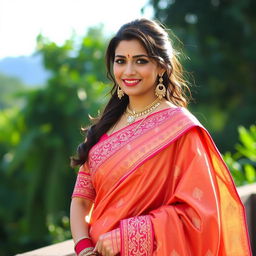 A beautiful Indian woman dressed in an elegant traditional saree, showcasing intricate embroidery and vibrant colors