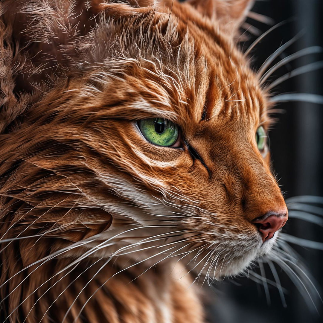 Extreme close-up front profile view of a ginger cat taken with a 65mm lens, accentuating its vibrant green eye, pink nose, and white whiskers.