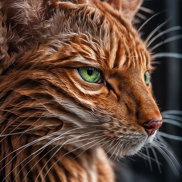 Extreme close-up front profile view of a ginger cat taken with a 65mm lens, accentuating its vibrant green eye, pink nose, and white whiskers.