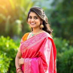 A beautiful Indian woman dressed in an elegant traditional saree, showcasing intricate embroidery and vibrant colors