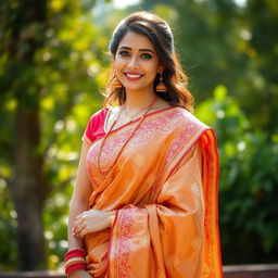 A beautiful Indian woman dressed in an elegant traditional saree, showcasing intricate embroidery and vibrant colors