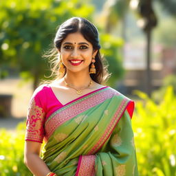 A beautiful Indian woman dressed in an elegant traditional saree, showcasing intricate embroidery and vibrant colors