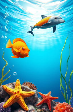 A vibrant underwater scene featuring two orange scaled fishes swimming gracefully, a playful dolphin leaping joyfully above the water's surface, and a beautiful starfish resting on a colorful coral