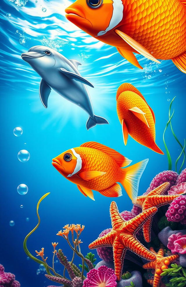 A vibrant underwater scene featuring two orange scaled fishes swimming gracefully, a playful dolphin leaping joyfully above the water's surface, and a beautiful starfish resting on a colorful coral