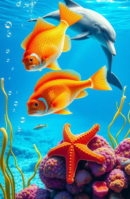 A vibrant underwater scene featuring two orange scaled fishes swimming gracefully, a playful dolphin leaping joyfully above the water's surface, and a beautiful starfish resting on a colorful coral