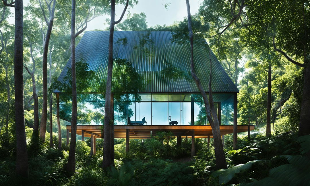 Architectural visualization of an eco-friendly cabin on the coastline, surrounded by lush jungle forest and overlooking a serene ocean. The seamless integration of glass, timber, and stone is highlighted, captured with a wide-angle lens.