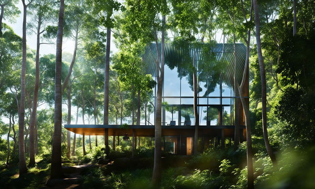 Architectural visualization of an eco-friendly cabin on the coastline, surrounded by lush jungle forest and overlooking a serene ocean. The seamless integration of glass, timber, and stone is highlighted, captured with a wide-angle lens.